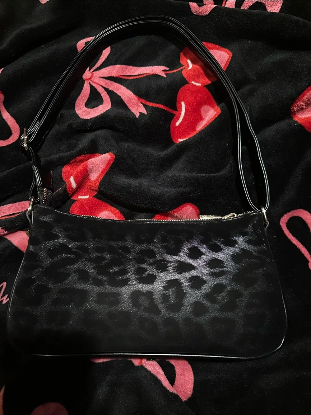 Baby Phat Black Leopard-Print Shoulder Bag with Gold Charm Chain